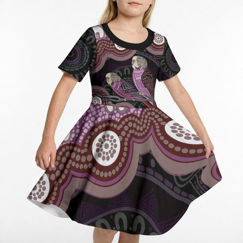 Purple Budgerigar Australia Indigenous Art Kid Short Sleeve Dress