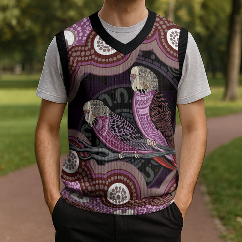 Purple Budgerigar Australia Indigenous Art Christmas Knitted V-Neck Vest