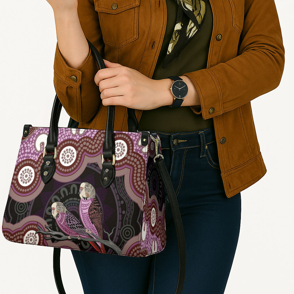 Purple Budgerigar Australia Indigenous Art Leather Bag