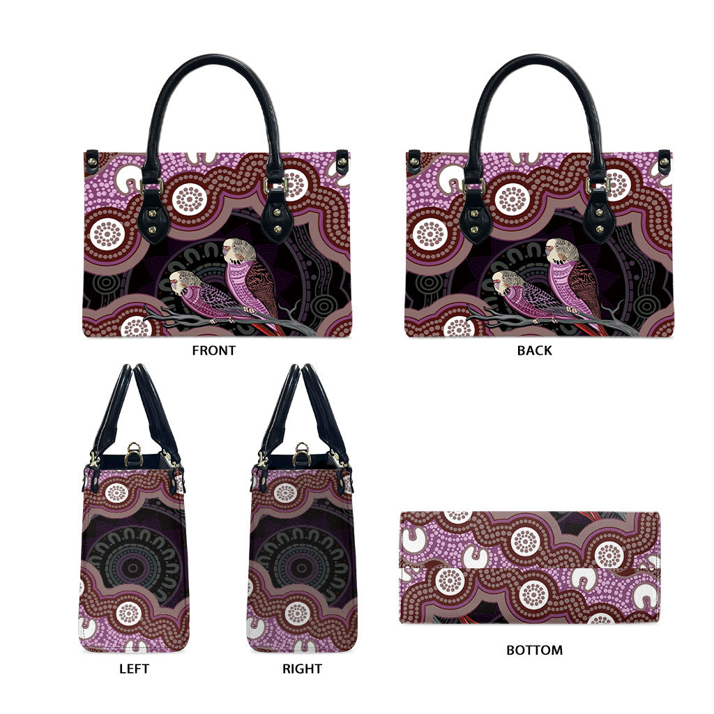 Purple Budgerigar Australia Indigenous Art Leather Bag