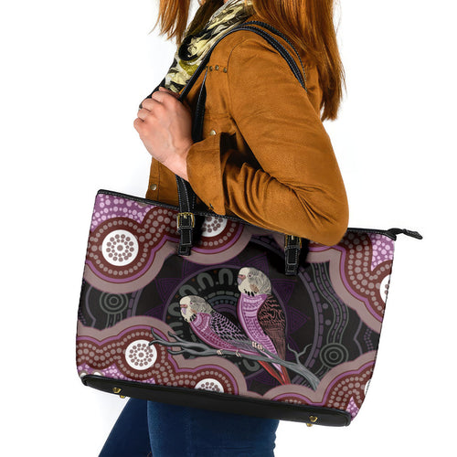 Purple Budgerigar Australia Indigenous Art Leather Tote Bag