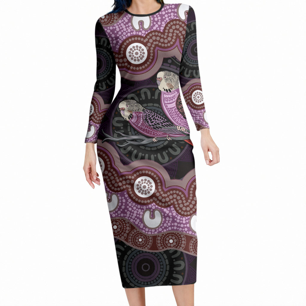 Purple Budgerigar Australia Indigenous Art Long Sleeve Bodycon Dress