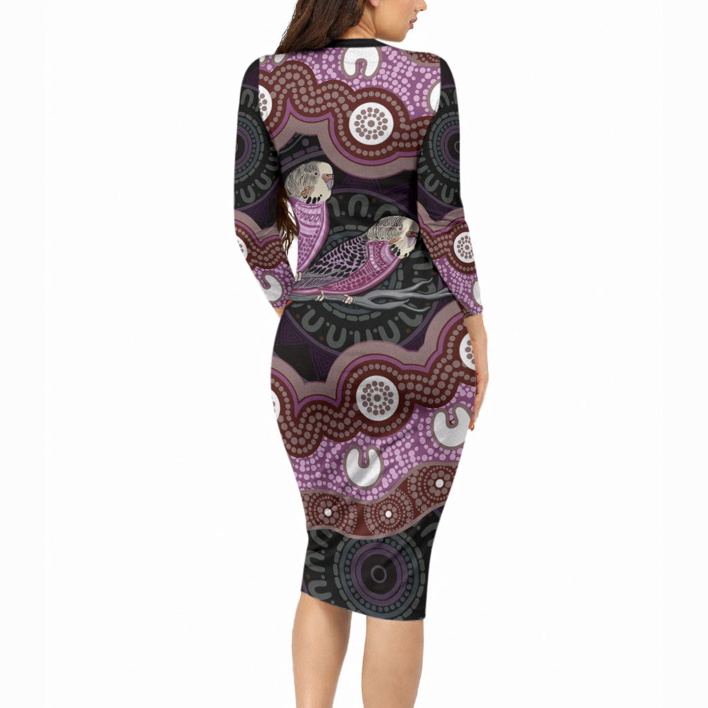 Purple Budgerigar Australia Indigenous Art Long Sleeve Bodycon Dress