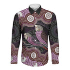 Purple Budgerigar Australia Indigenous Art Long Sleeve Button Shirt