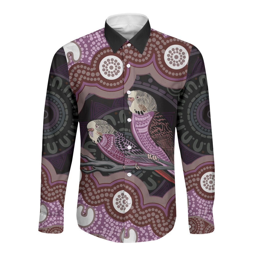 Purple Budgerigar Australia Indigenous Art Long Sleeve Button Shirt