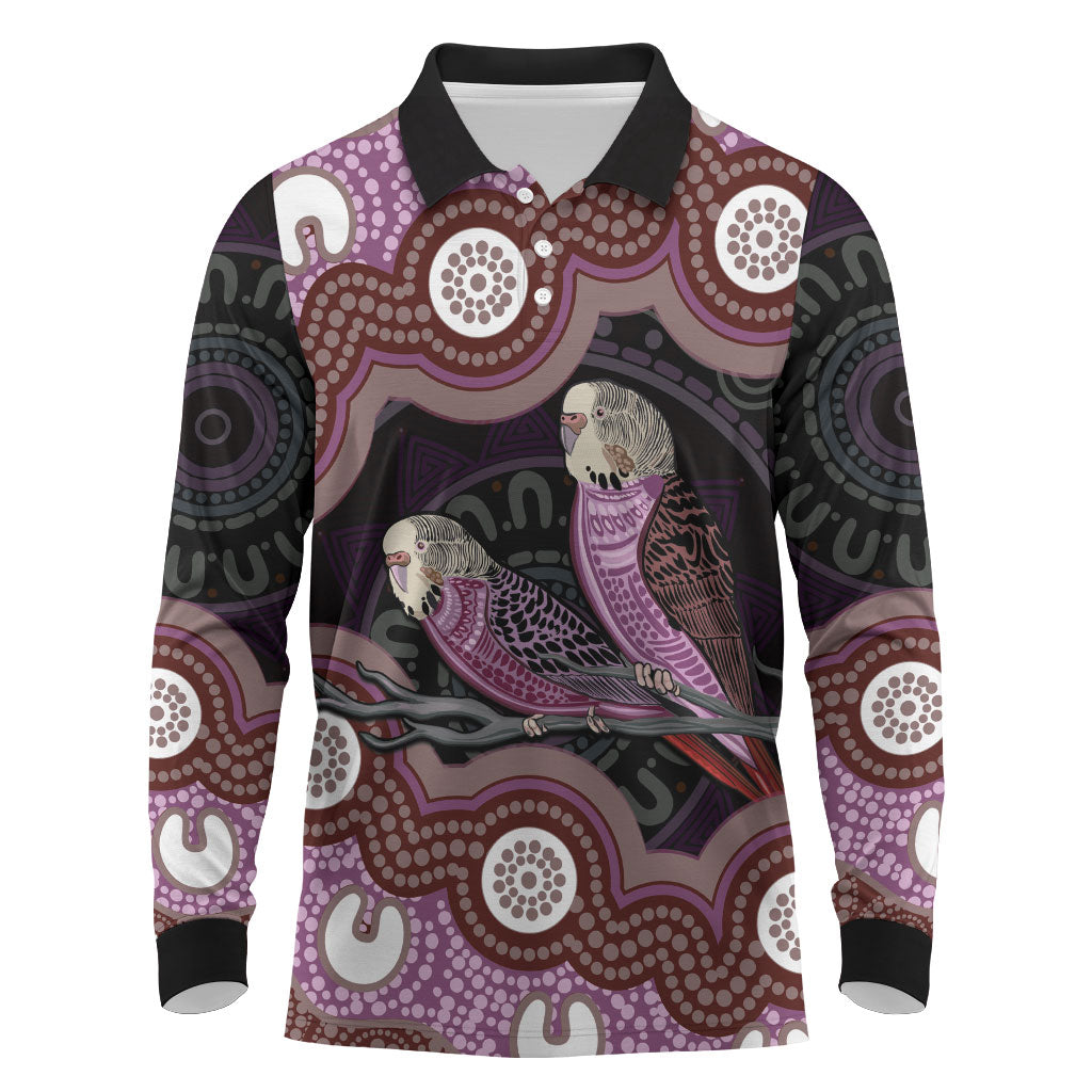 Purple Budgerigar Australia Indigenous Art Long Sleeve Polo Shirt
