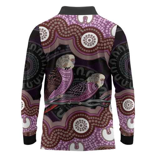 Purple Budgerigar Australia Indigenous Art Long Sleeve Polo Shirt