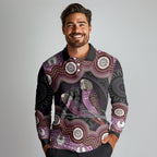 Purple Budgerigar Australia Indigenous Art Long Sleeve Polo Shirt