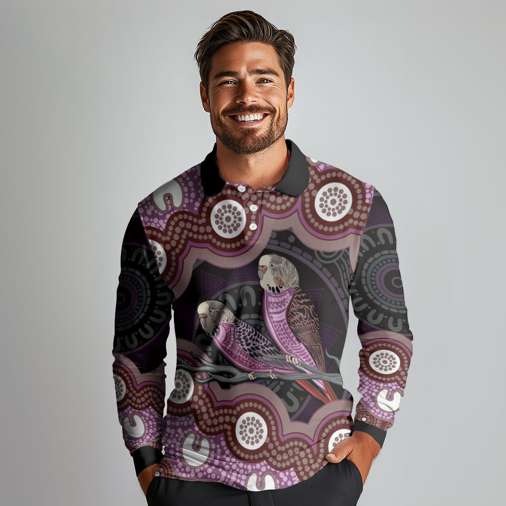 Purple Budgerigar Australia Indigenous Art Long Sleeve Polo Shirt