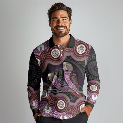 Purple Budgerigar Australia Indigenous Art Long Sleeve Polo Shirt
