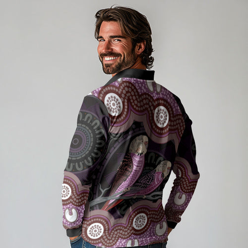 Purple Budgerigar Australia Indigenous Art Long Sleeve Polo Shirt