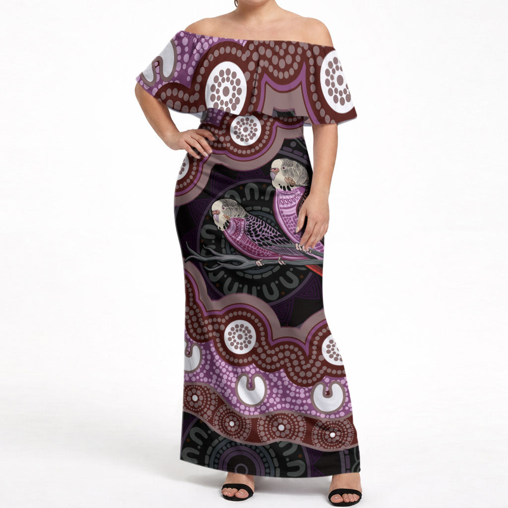 Purple Budgerigar Australia Indigenous Art Off Shoulder Maxi Dress