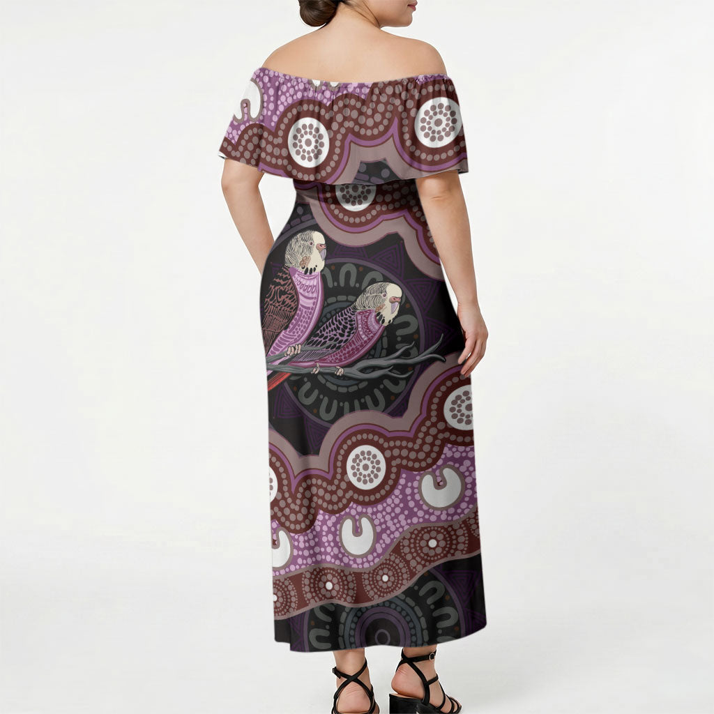 Purple Budgerigar Australia Indigenous Art Off Shoulder Maxi Dress