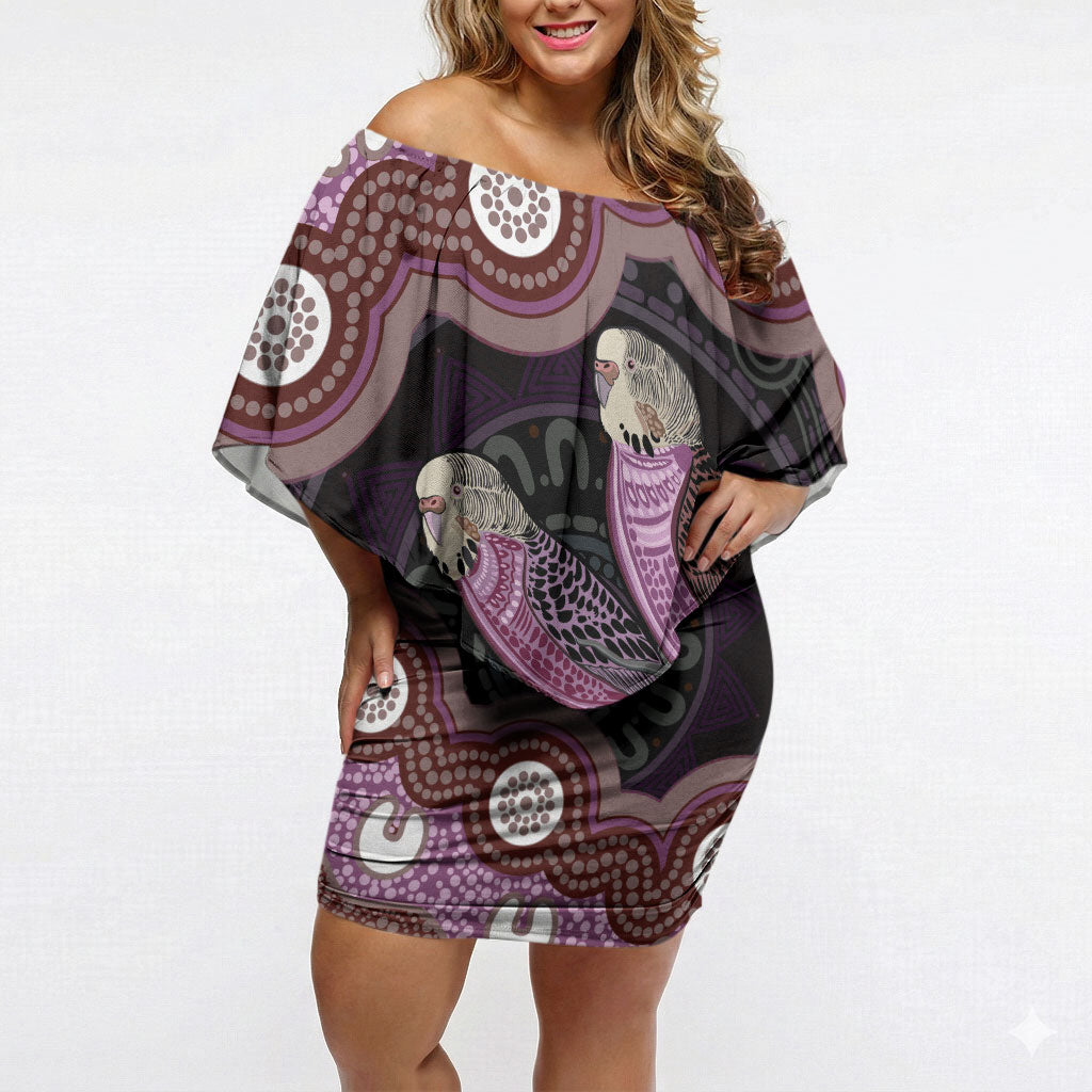 Purple Budgerigar Australia Indigenous Art Off Shoulder Short Dress