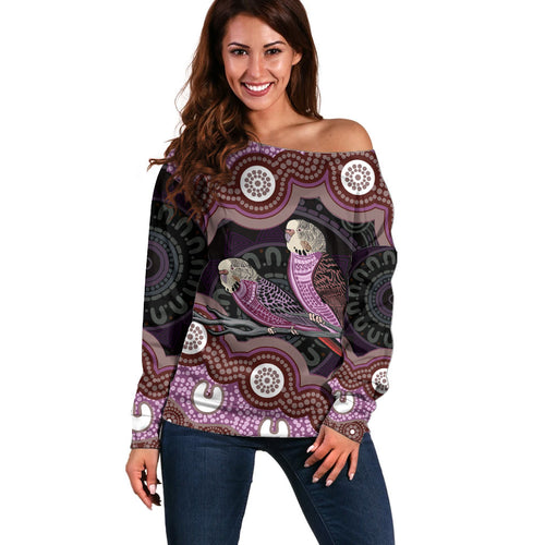 Purple Budgerigar Australia Indigenous Art Off Shoulder Sweater