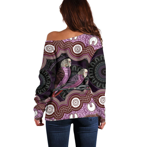 Purple Budgerigar Australia Indigenous Art Off Shoulder Sweater