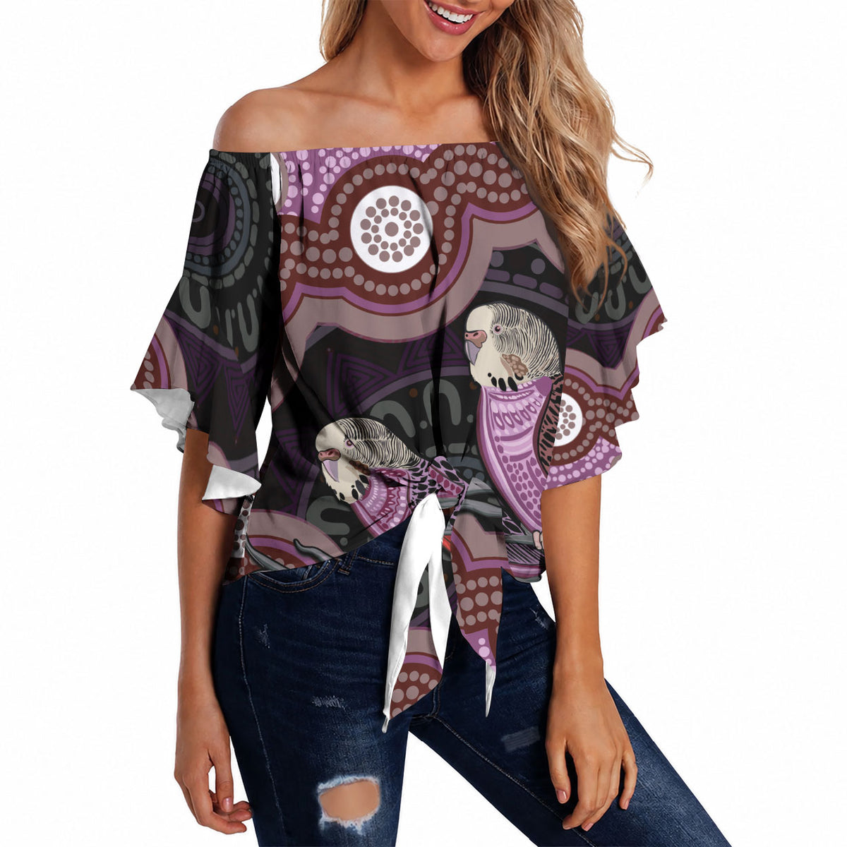 Purple Budgerigar Australia Indigenous Art Off Shoulder Wrap Waist Top