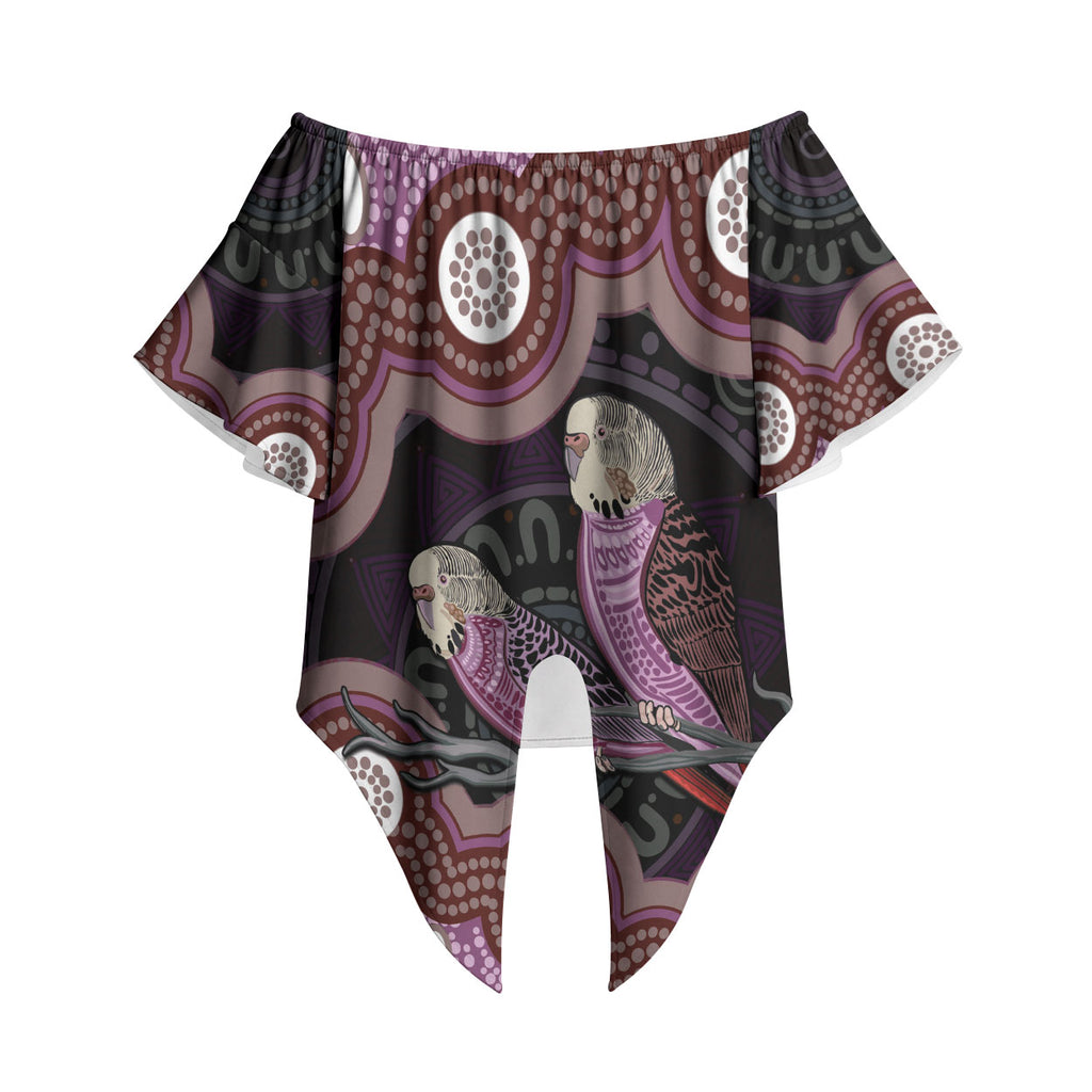 Purple Budgerigar Australia Indigenous Art Off Shoulder Wrap Waist Top