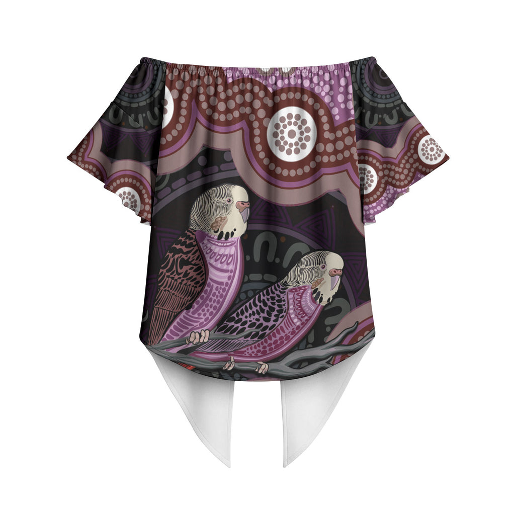 Purple Budgerigar Australia Indigenous Art Off Shoulder Wrap Waist Top
