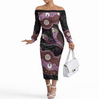 Purple Budgerigar Australia Indigenous Art Off The Shoulder Long Sleeve Dress