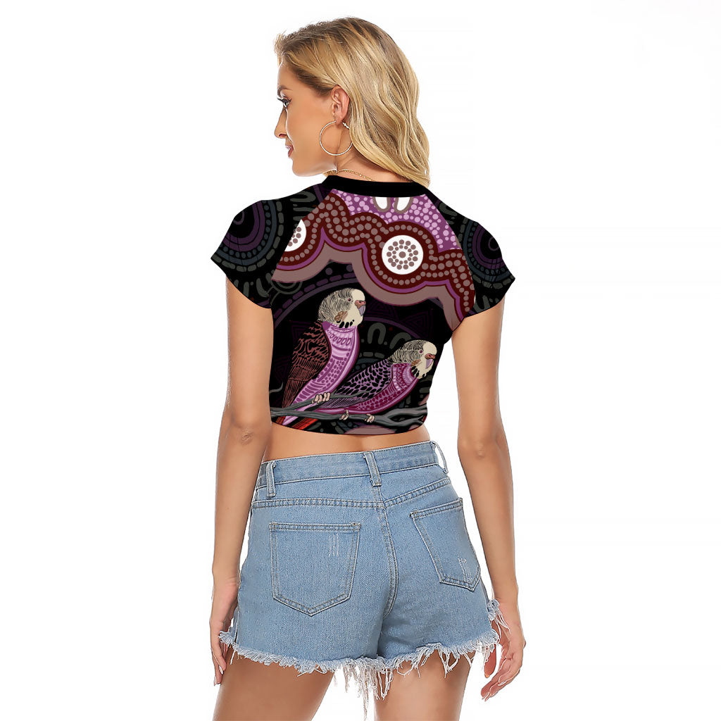 Purple Budgerigar Australia Indigenous Art Raglan Cropped T Shirt