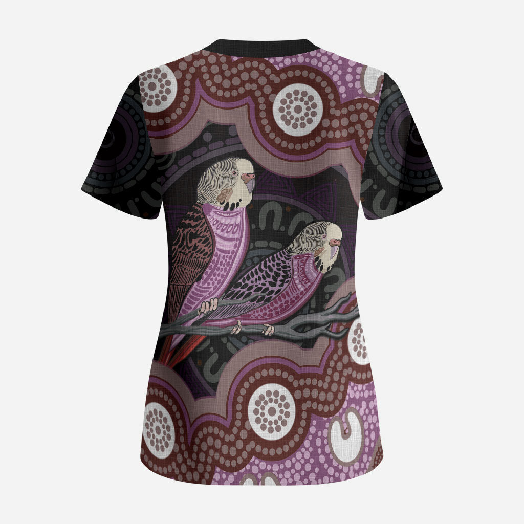 Purple Budgerigar Australia Indigenous Art Scrub Top
