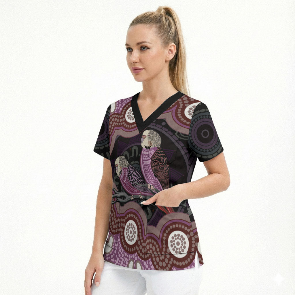 Purple Budgerigar Australia Indigenous Art Scrub Top