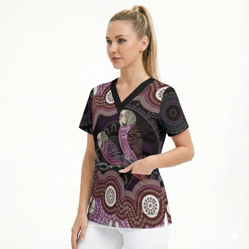 Purple Budgerigar Australia Indigenous Art Scrub Top