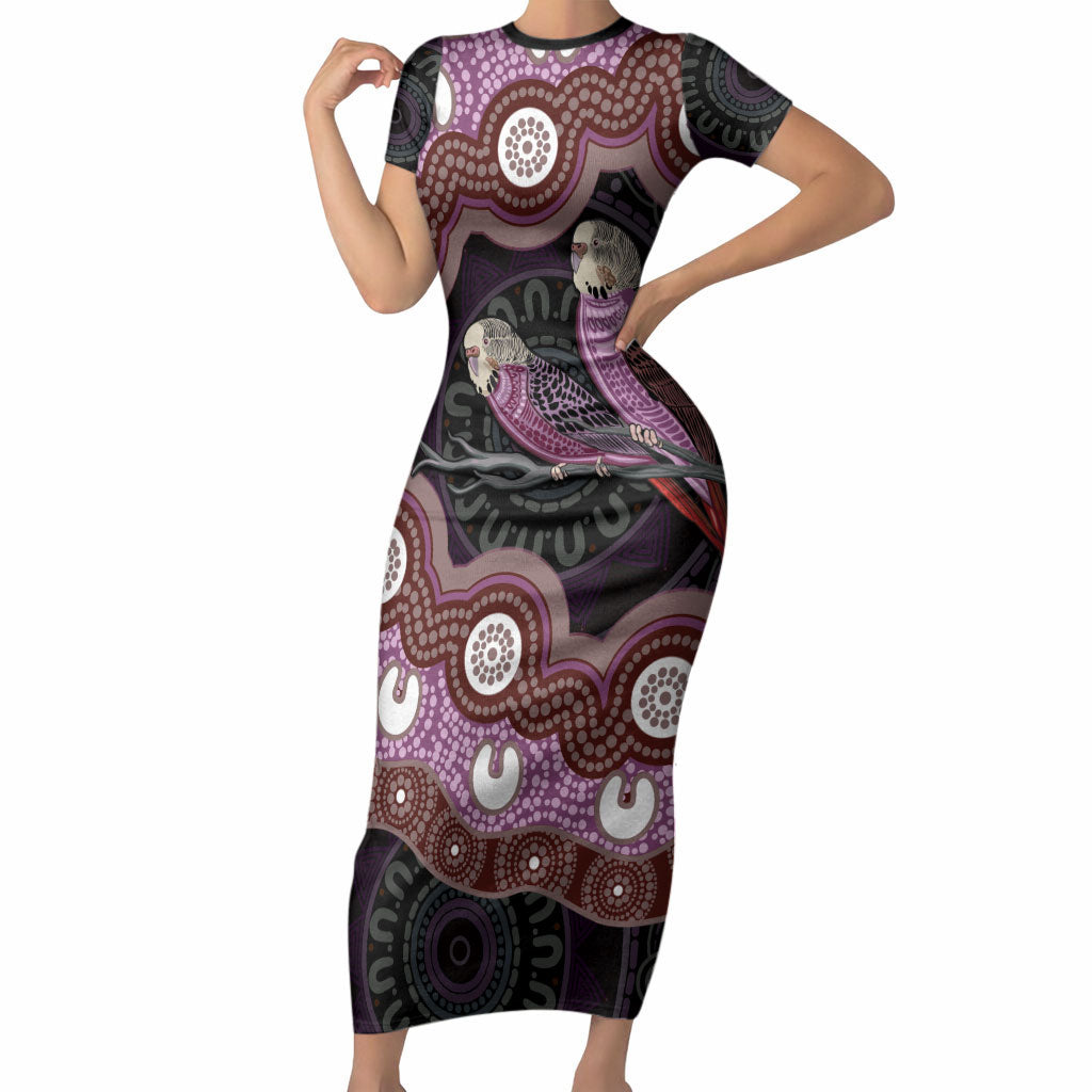 Purple Budgerigar Australia Indigenous Art Short Sleeve Bodycon Dress