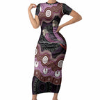 Purple Budgerigar Australia Indigenous Art Short Sleeve Bodycon Dress