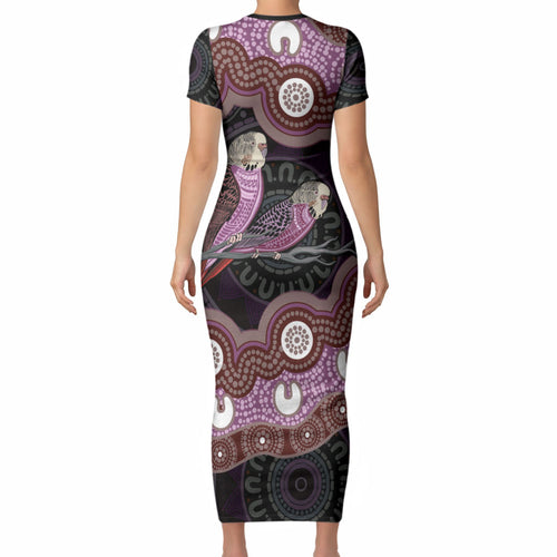 Purple Budgerigar Australia Indigenous Art Short Sleeve Bodycon Dress
