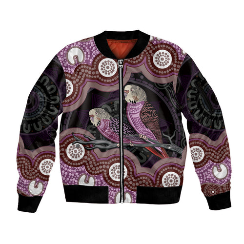 Purple Budgerigar Australia Indigenous Art Sleeve Zip Bomber Jacket