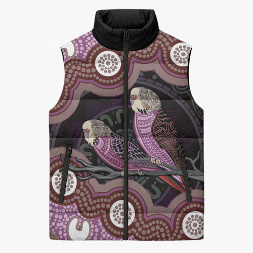 Purple Budgerigar Australia Indigenous Art Sleeveless Puffer Jacket