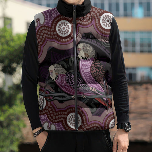 Purple Budgerigar Australia Indigenous Art Sleeveless Puffer Jacket