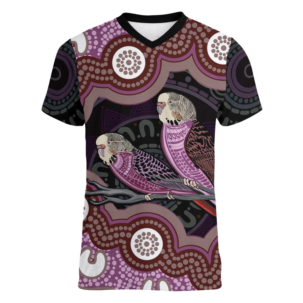 Purple Budgerigar Australia Indigenous Art Women V-Neck T-Shirt