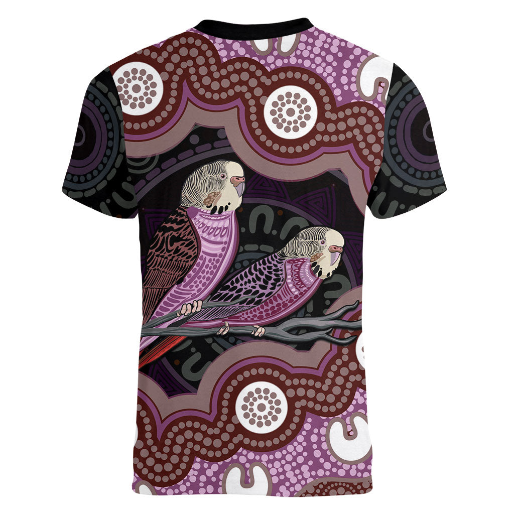Purple Budgerigar Australia Indigenous Art Women V-Neck T-Shirt