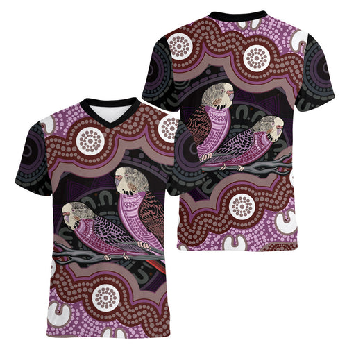 Purple Budgerigar Australia Indigenous Art Women V-Neck T-Shirt