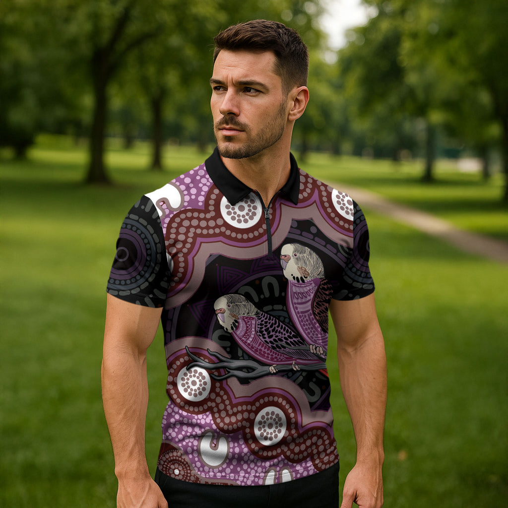 Purple Budgerigar Australia Indigenous Art Zipper Polo Shirt