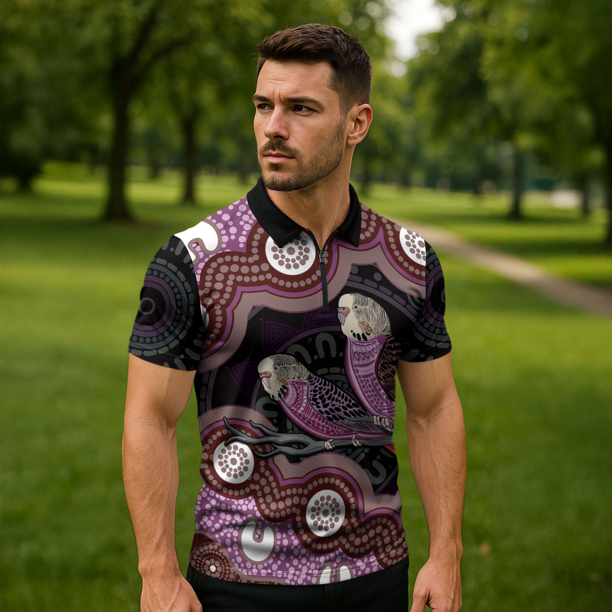 Purple Budgerigar Australia Indigenous Art Zipper Polo Shirt