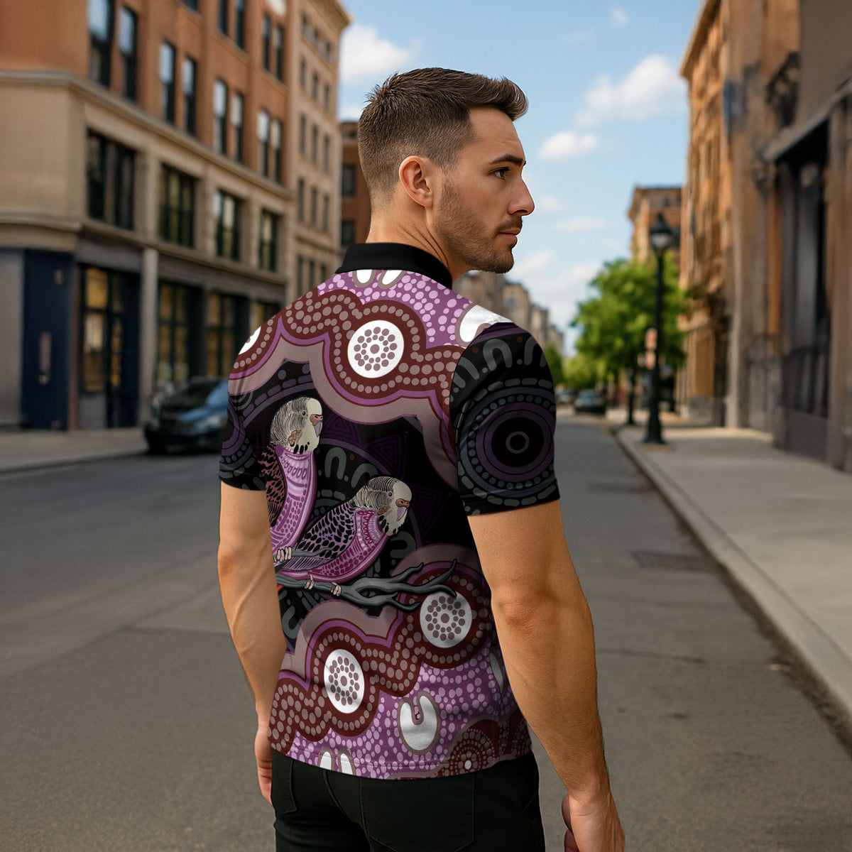 Purple Budgerigar Australia Indigenous Art Zipper Polo Shirt