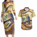 Kookaburra Australia Indigenous Art Couples Matching Long Sleeve Bodycon Dress and Hawaiian Shirt
