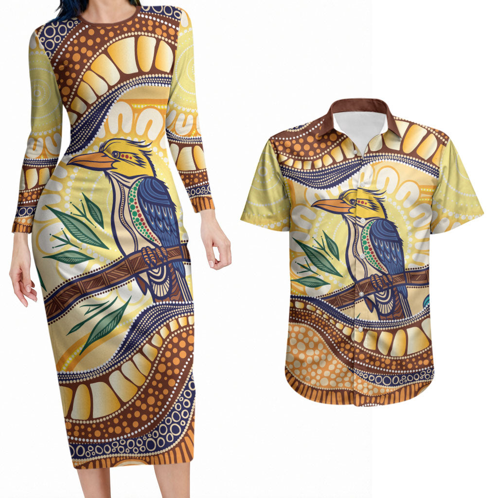 Kookaburra Australia Indigenous Art Couples Matching Long Sleeve Bodycon Dress and Hawaiian Shirt
