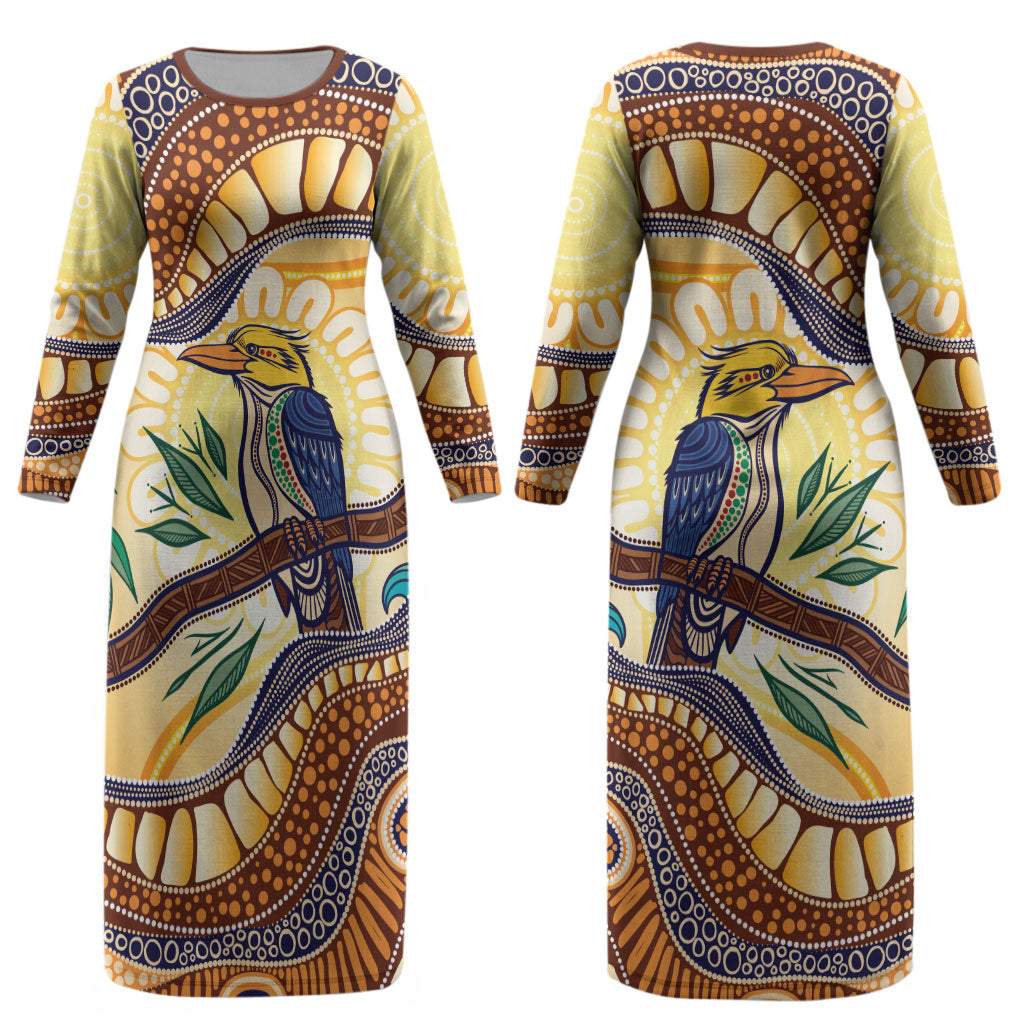 Kookaburra Australia Indigenous Art Couples Matching Long Sleeve Bodycon Dress and Hawaiian Shirt