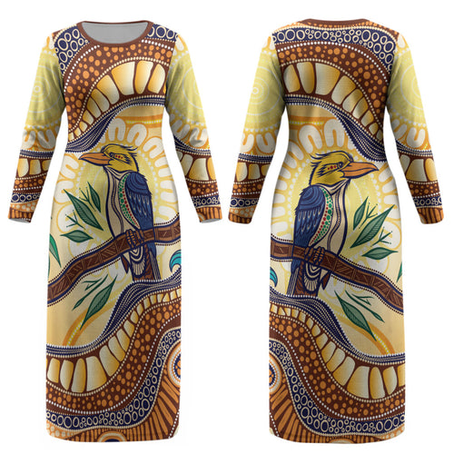Kookaburra Australia Indigenous Art Couples Matching Long Sleeve Bodycon Dress and Hawaiian Shirt