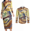 Kookaburra Australia Indigenous Art Couples Matching Long Sleeve Bodycon Dress and Long Sleeve Button Shirt