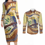Kookaburra Australia Indigenous Art Couples Matching Long Sleeve Bodycon Dress and Long Sleeve Button Shirt