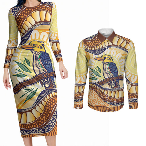Kookaburra Australia Indigenous Art Couples Matching Long Sleeve Bodycon Dress and Long Sleeve Button Shirt