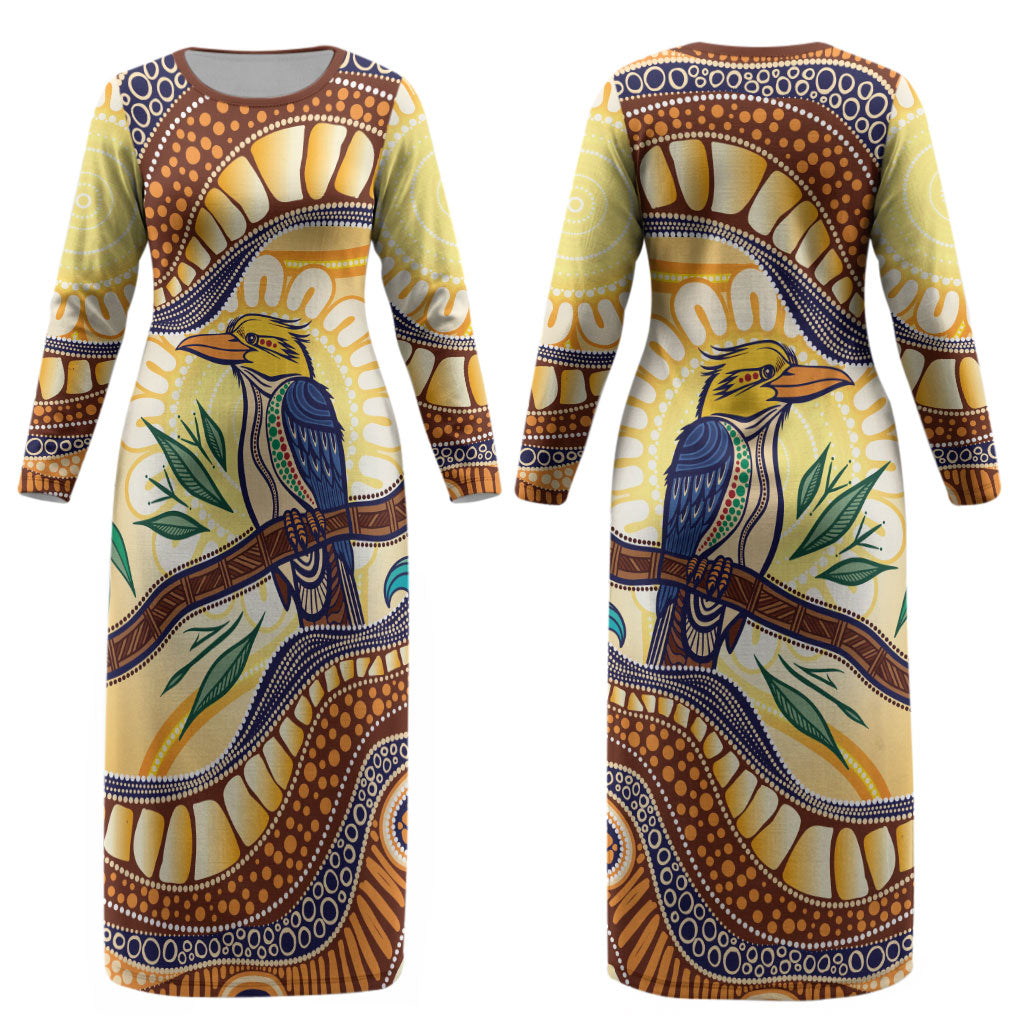 Kookaburra Australia Indigenous Art Couples Matching Long Sleeve Bodycon Dress and Long Sleeve Button Shirt