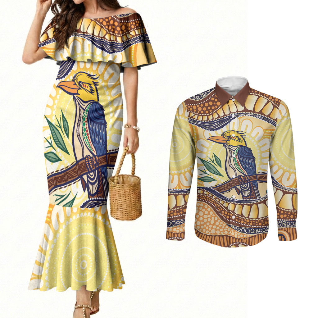 Kookaburra Australia Indigenous Art Couples Matching Mermaid Dress and Long Sleeve Button Shirt
