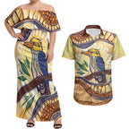 Kookaburra Australia Indigenous Art Couples Matching Off Shoulder Maxi Dress and Hawaiian Shirt